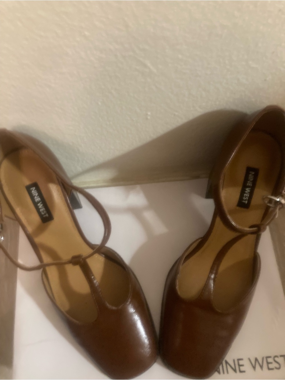 Nine West Brown Leather T-Strap Block Heels